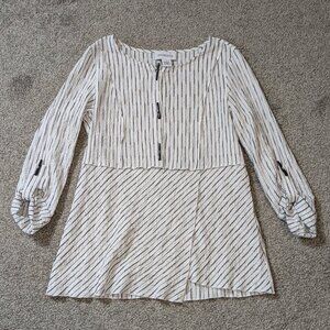 PECK & PECK White/Black Striped Fit & Flare Top; Roll-Tab Sleeves; Size S